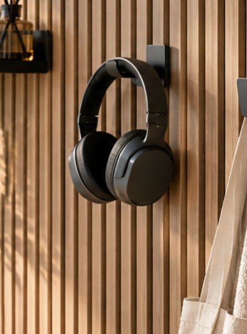 Close-up of a wall hook on an acoustic slat wall