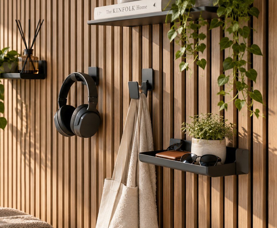 Entryway-inspired acoustic slat wall storage