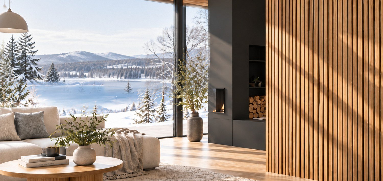 Quiet modern living room with acoustic slat wall