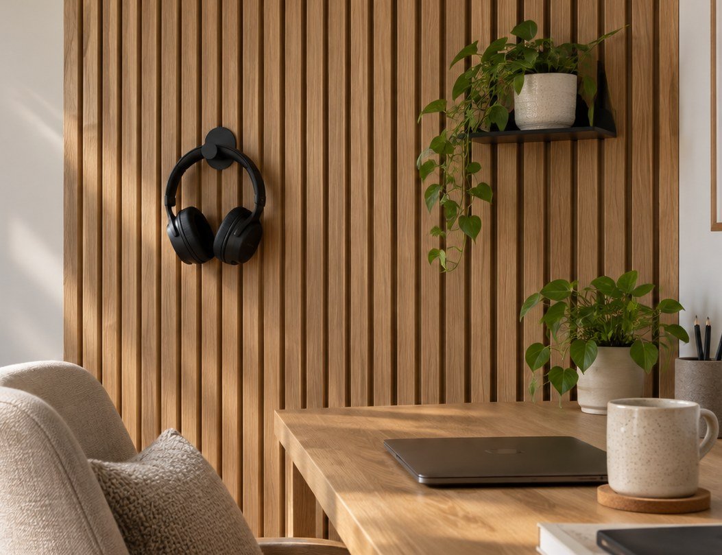 Workspace with acoustic slat wall accessories