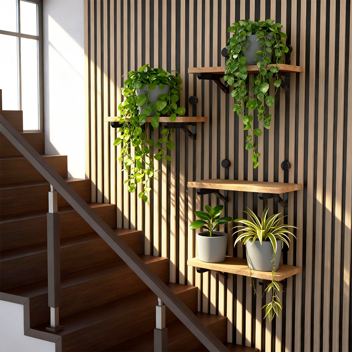 Display shelf with plants on acoustic slat wall
