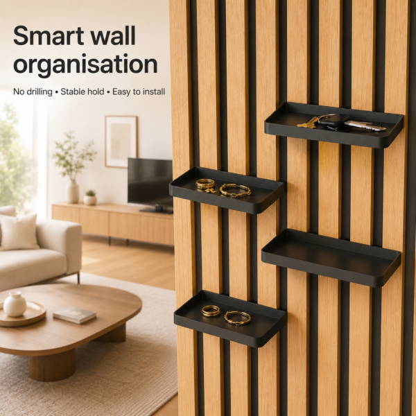 No-Drill Acoustic Slat Wall Storage Tray – Detachable Organizer Shelf