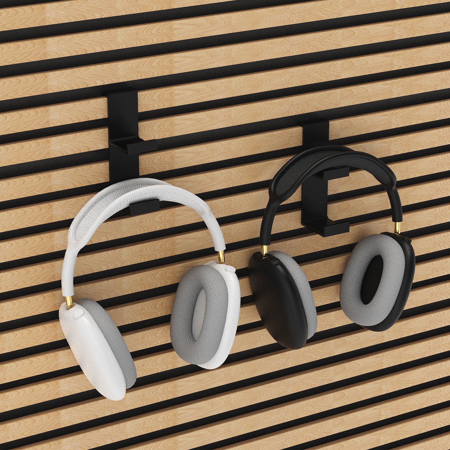 Headphone holder installed on acoustic slat wall
