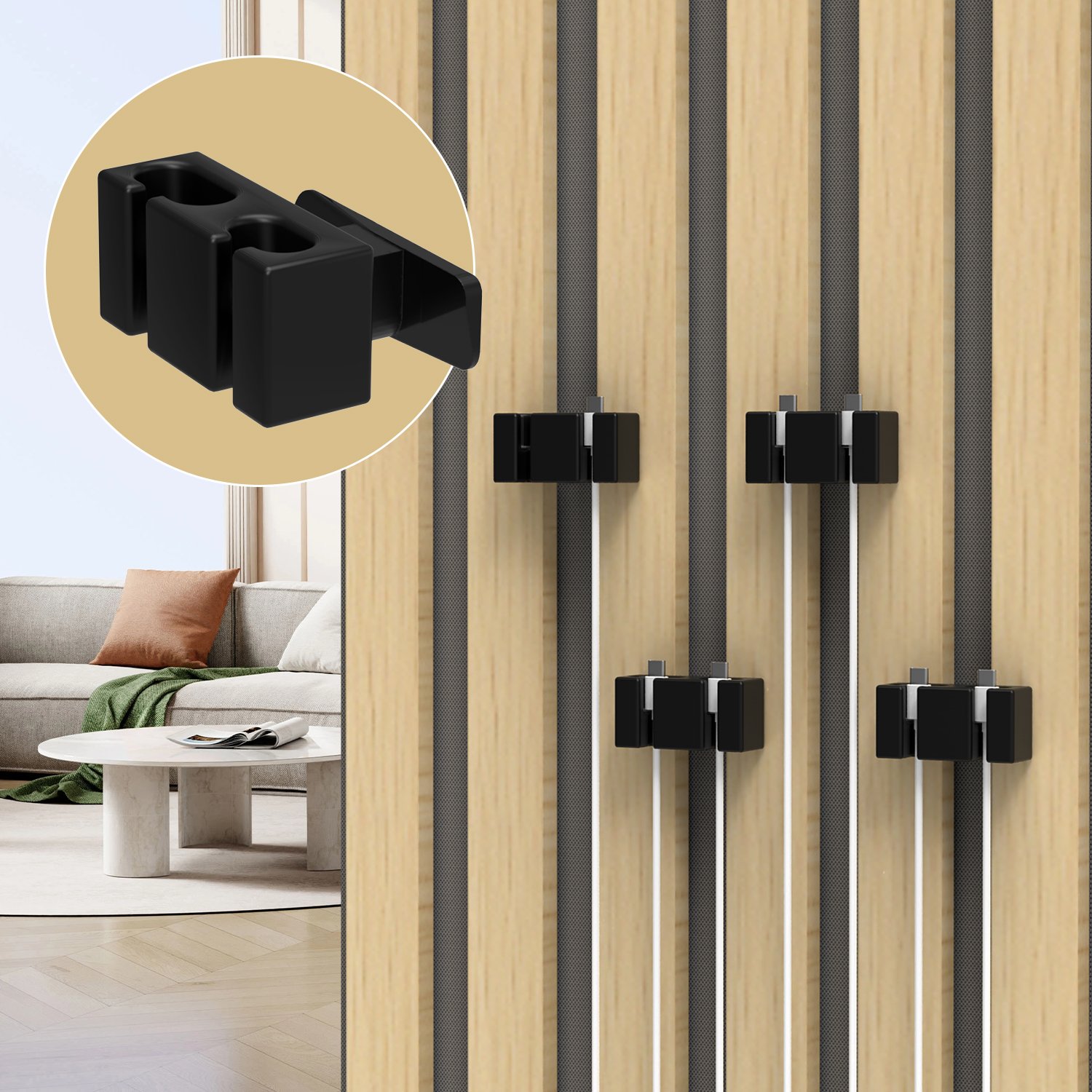 Cable organizer installed on acoustic slat wall