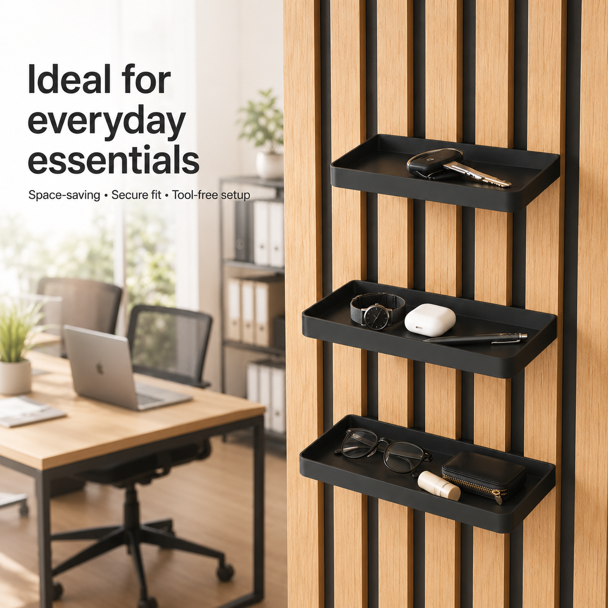 Storage tray installed on acoustic slat wall