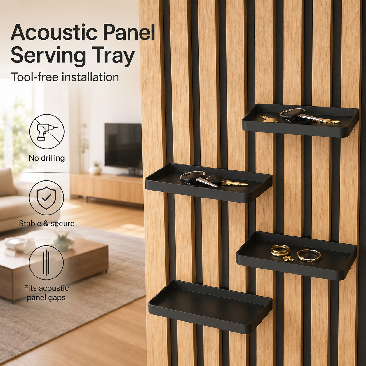 Detachable organizer shelf for wood slat wall