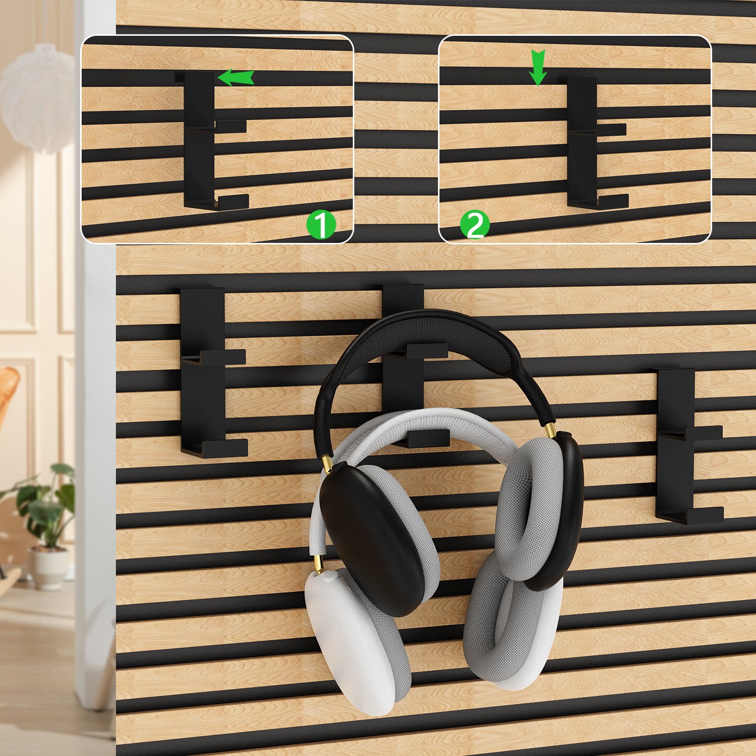Minimalist headphone hanger for wood slat wall