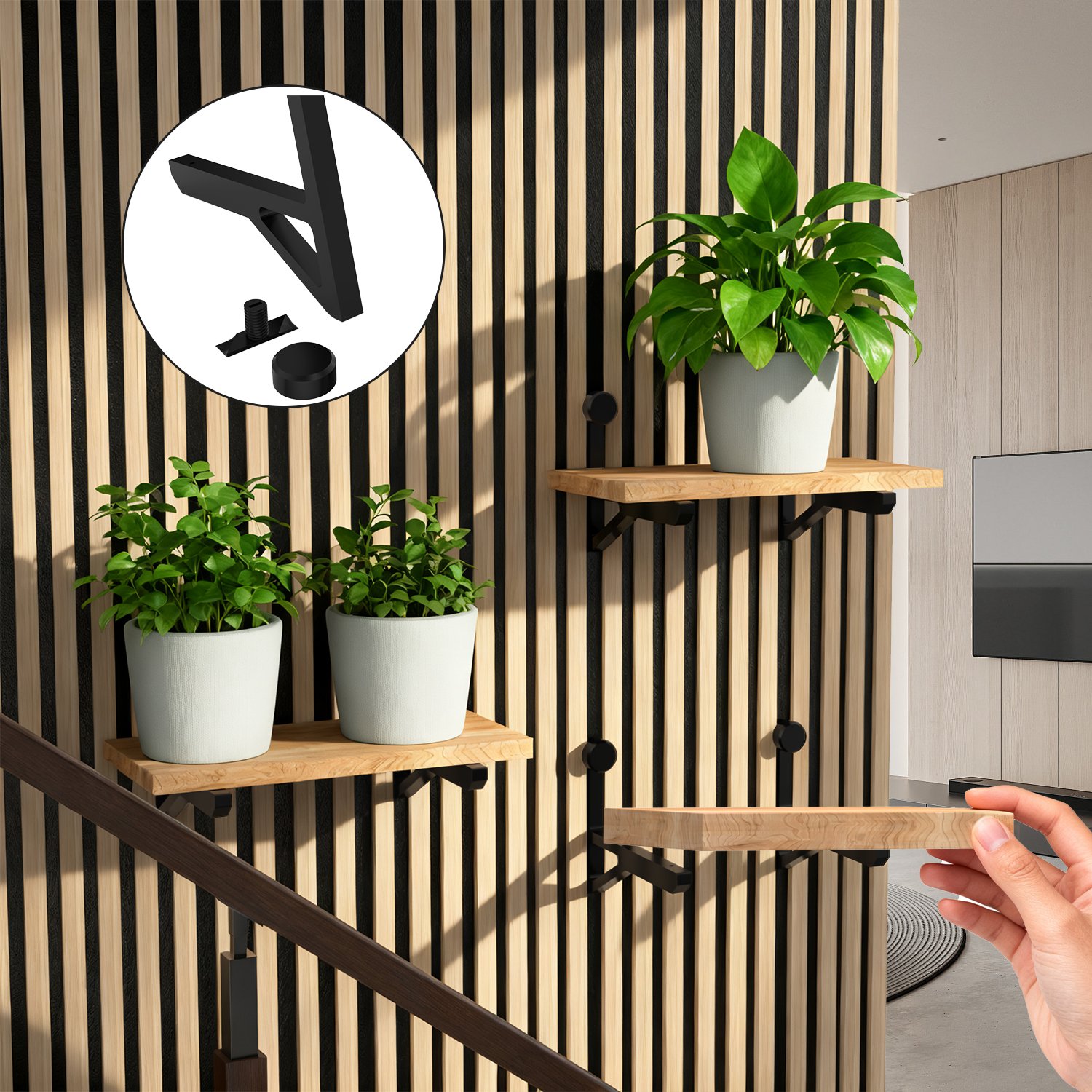 Decorative storage shelf installed on acoustic wall panel