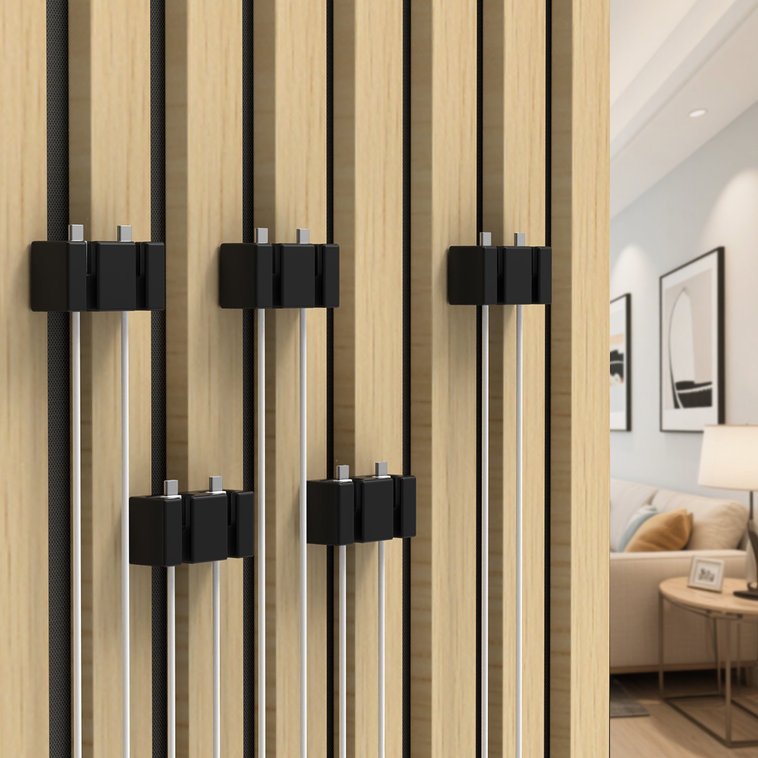 Cable management accessory for wood slat wall