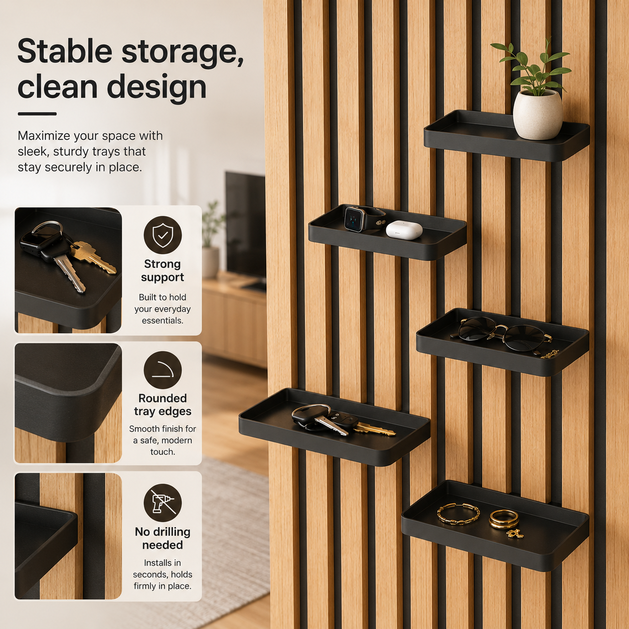 Compact wall tray for everyday essentials